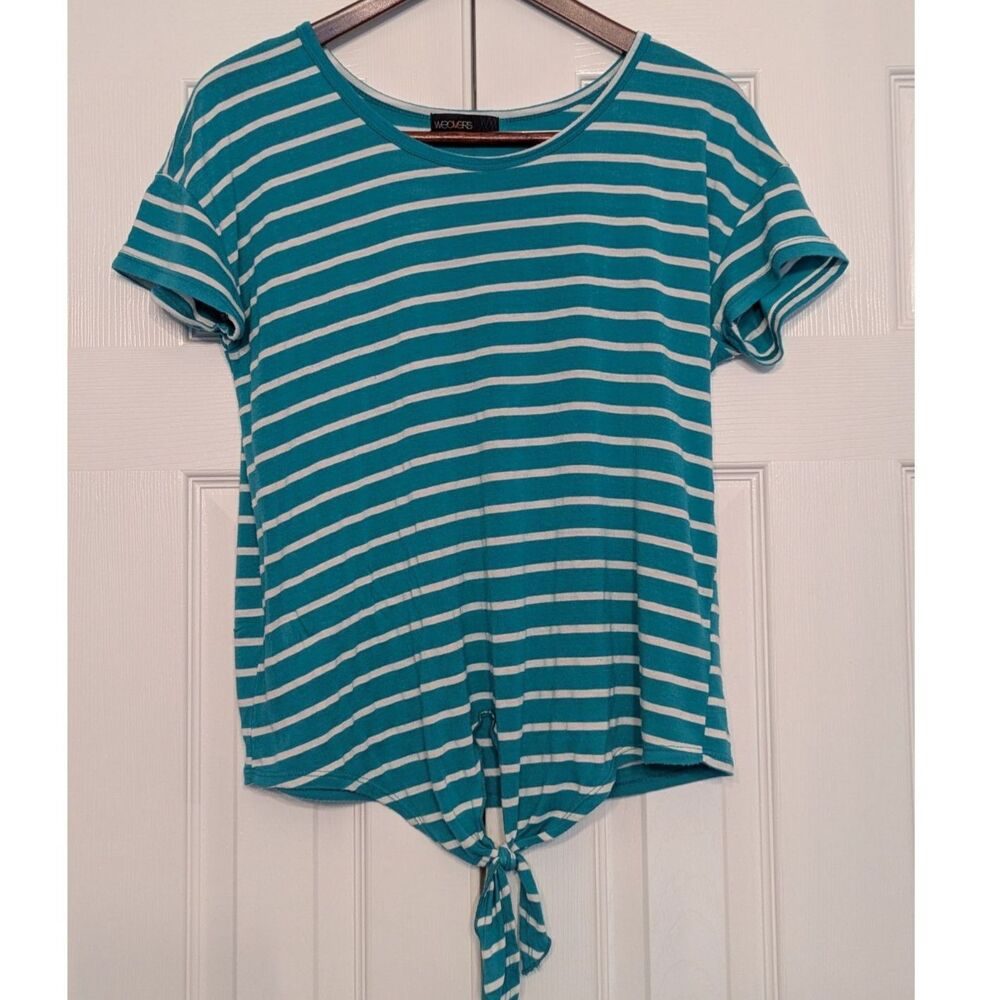 Teal White Striped Tie Front Top Short Sleeve Knot Hem Shirt Size L